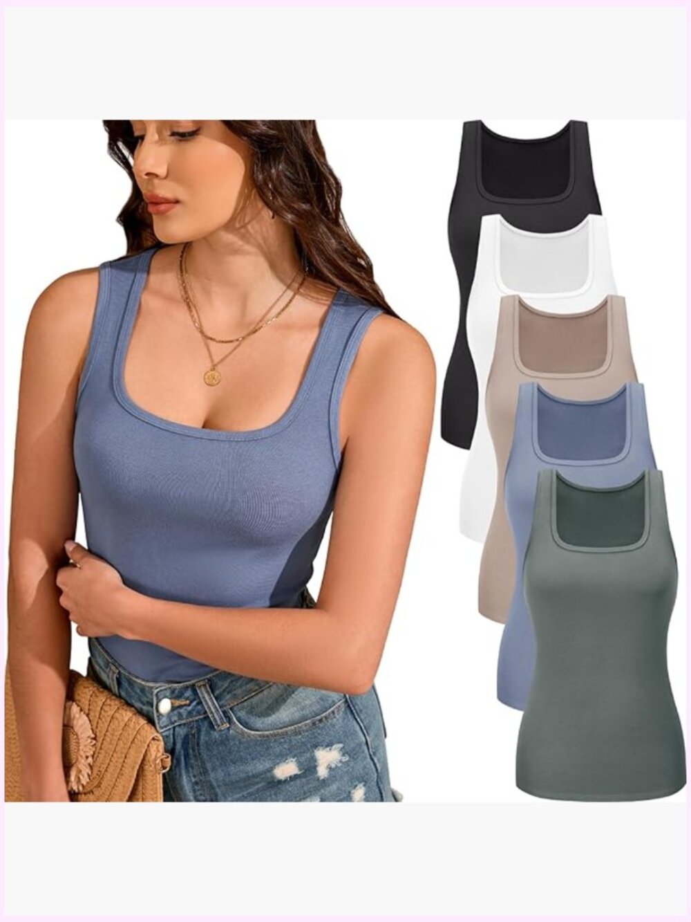 5 Pack Square Neck Ribbed Tank Tops Sleeveless Layering Undershirt